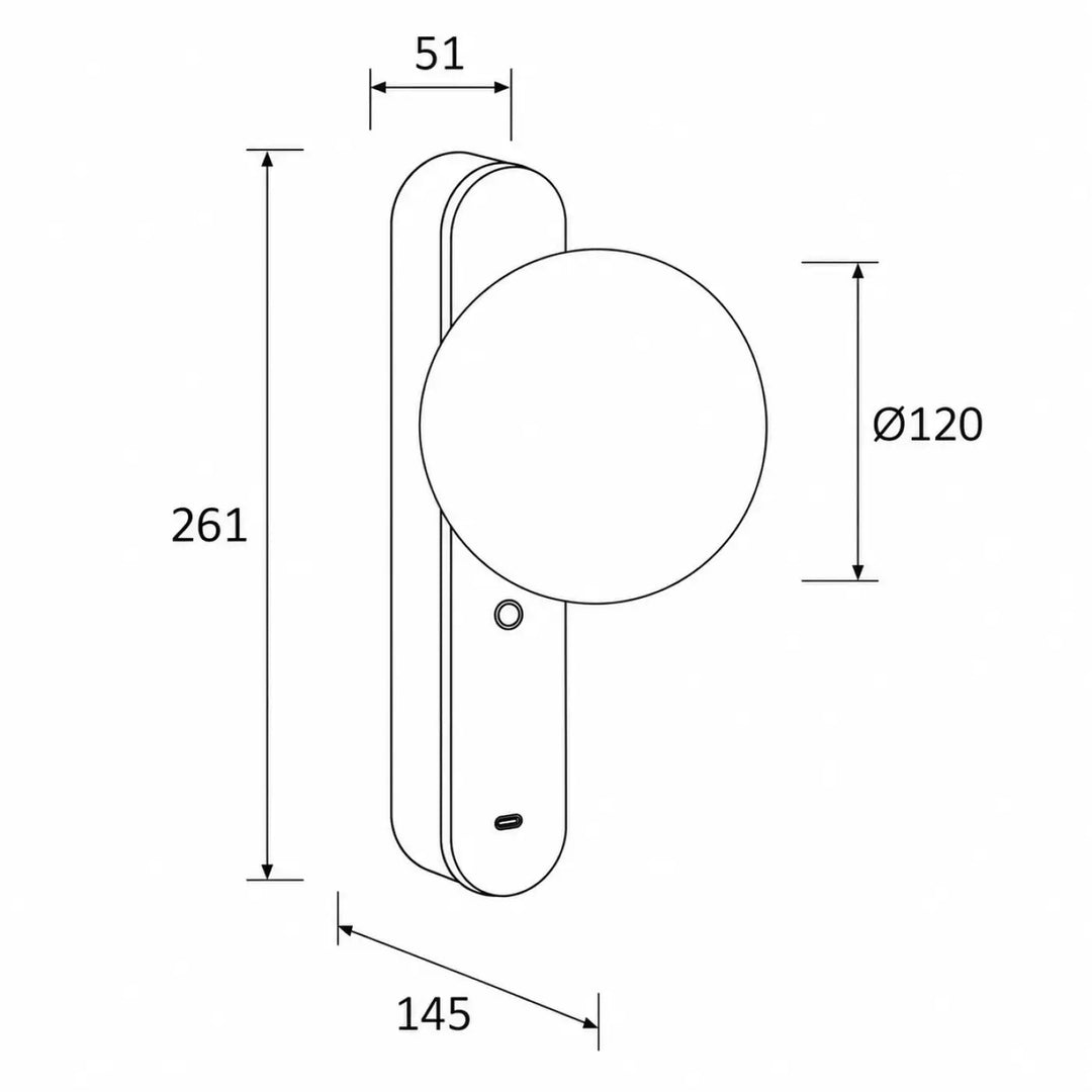 Applique murale perlina usb avec tête circulaire, base rectangulaire, port usb intégré et variateur tactile minimaliste