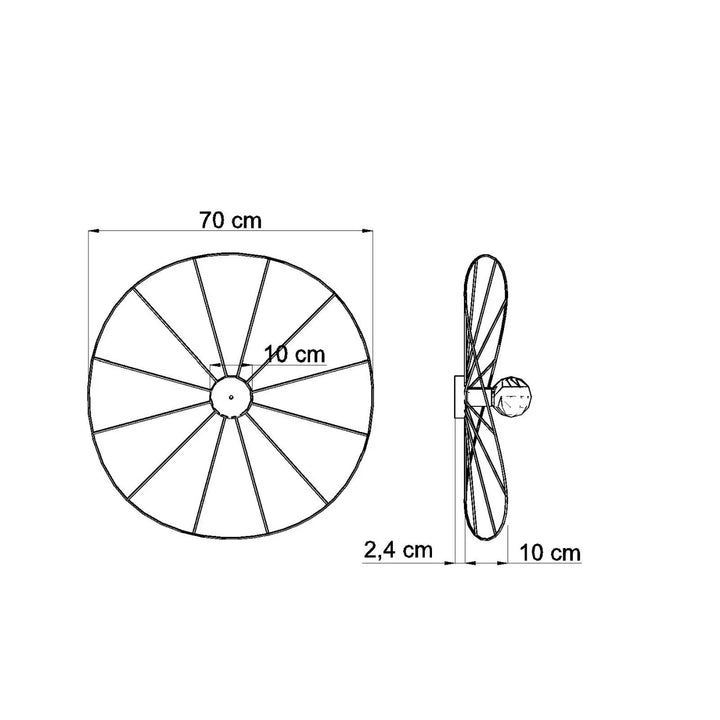 Applique murale et plafonnier eskola 70 noir avec roue circulaire 70 cm et rayons centraux pour plafonnier eskola