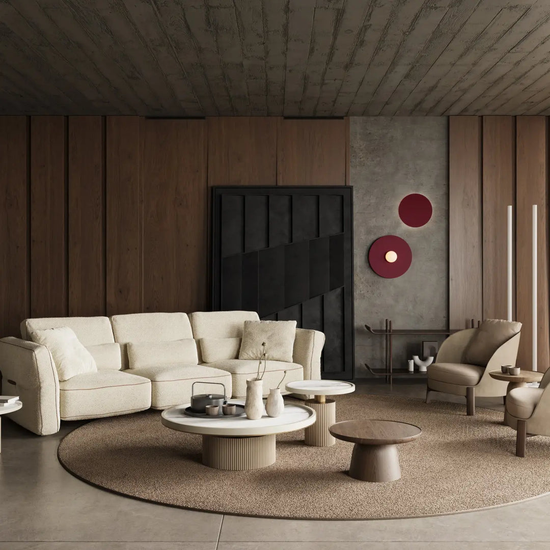 Applique murale ake 50 bordeaux avec disque métallique rond et sphère laiteuse créent une inspiration rétro élégante
