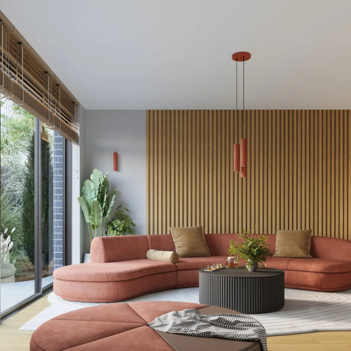 Applique murale karbon 20 rouge ocre avec design minimaliste et plafonnier karbon allie à ampoules gu10 interchangeables