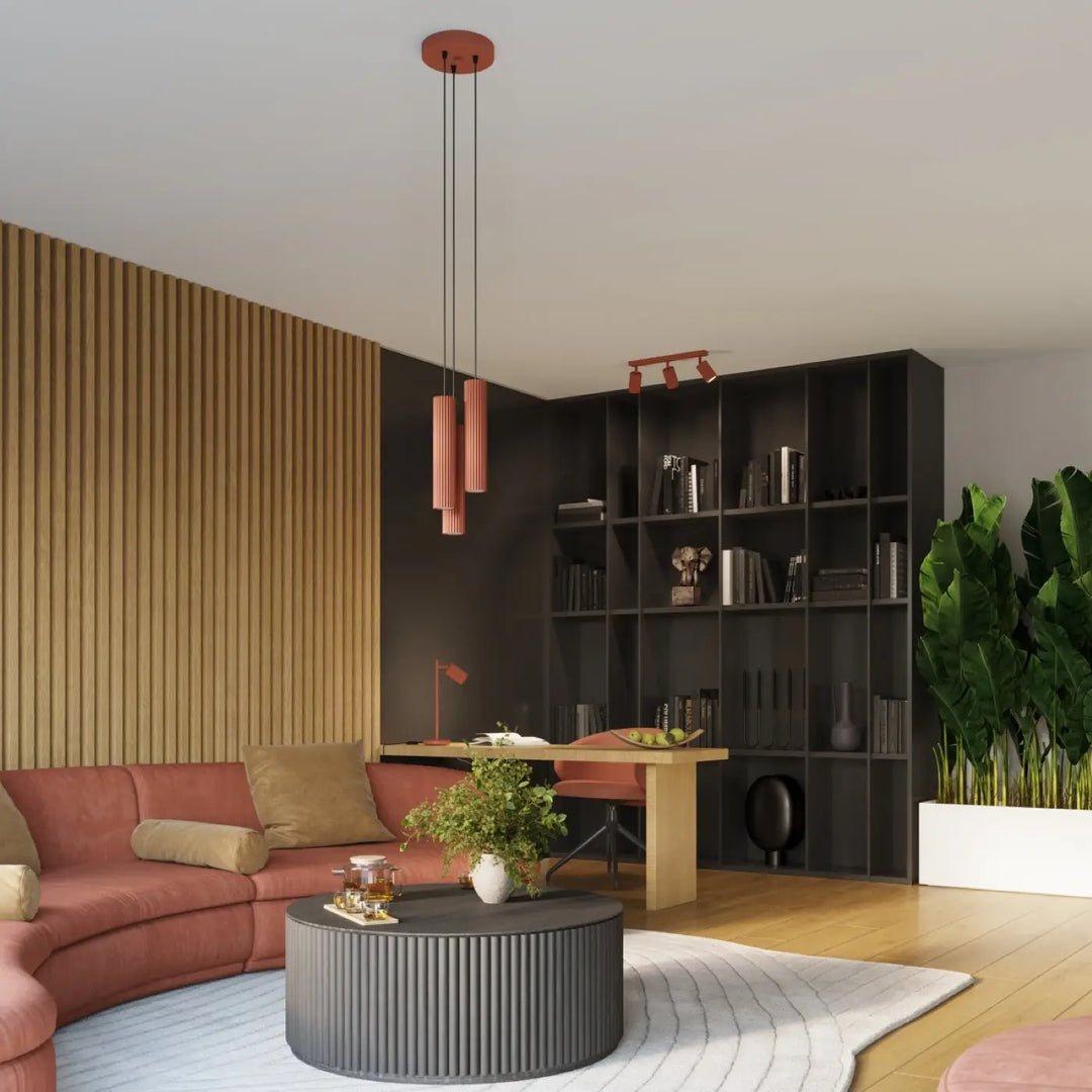 Applique murale karbon 30 rouge ocre avec plafonnier karbon allie et ampoules gu10 interchangeables design minimaliste