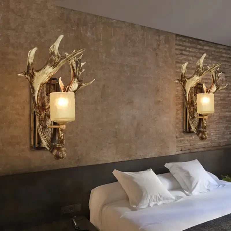 Applique Murale Rustique Avec Bois De Cerf Et Verre Givré