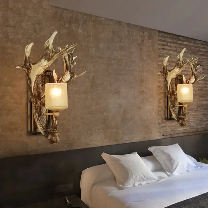 Applique Murale Rustique Avec Bois De Cerf Et Verre Givré