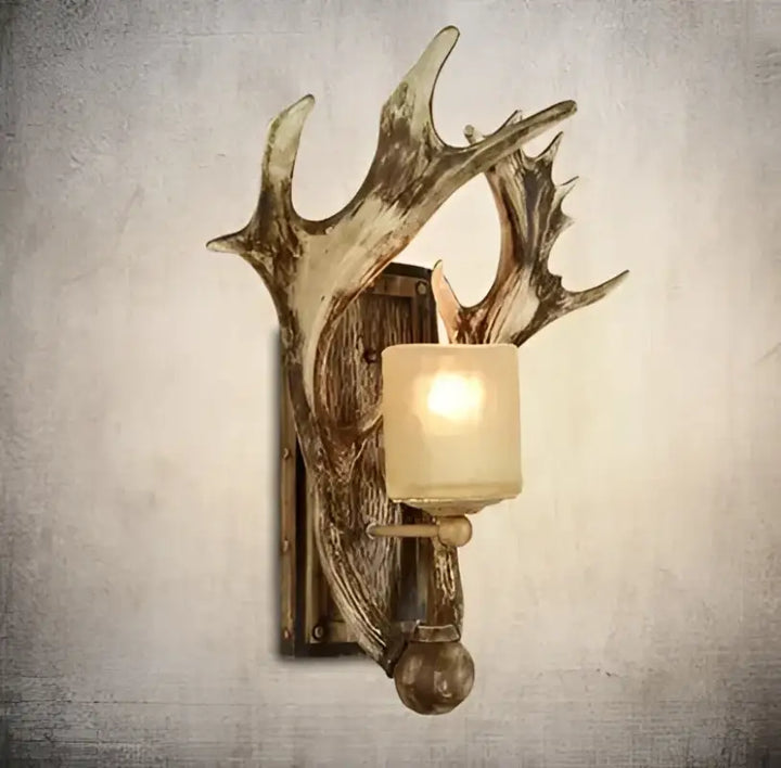 Applique Murale Rustique Avec Bois De Cerf Et Verre Givré