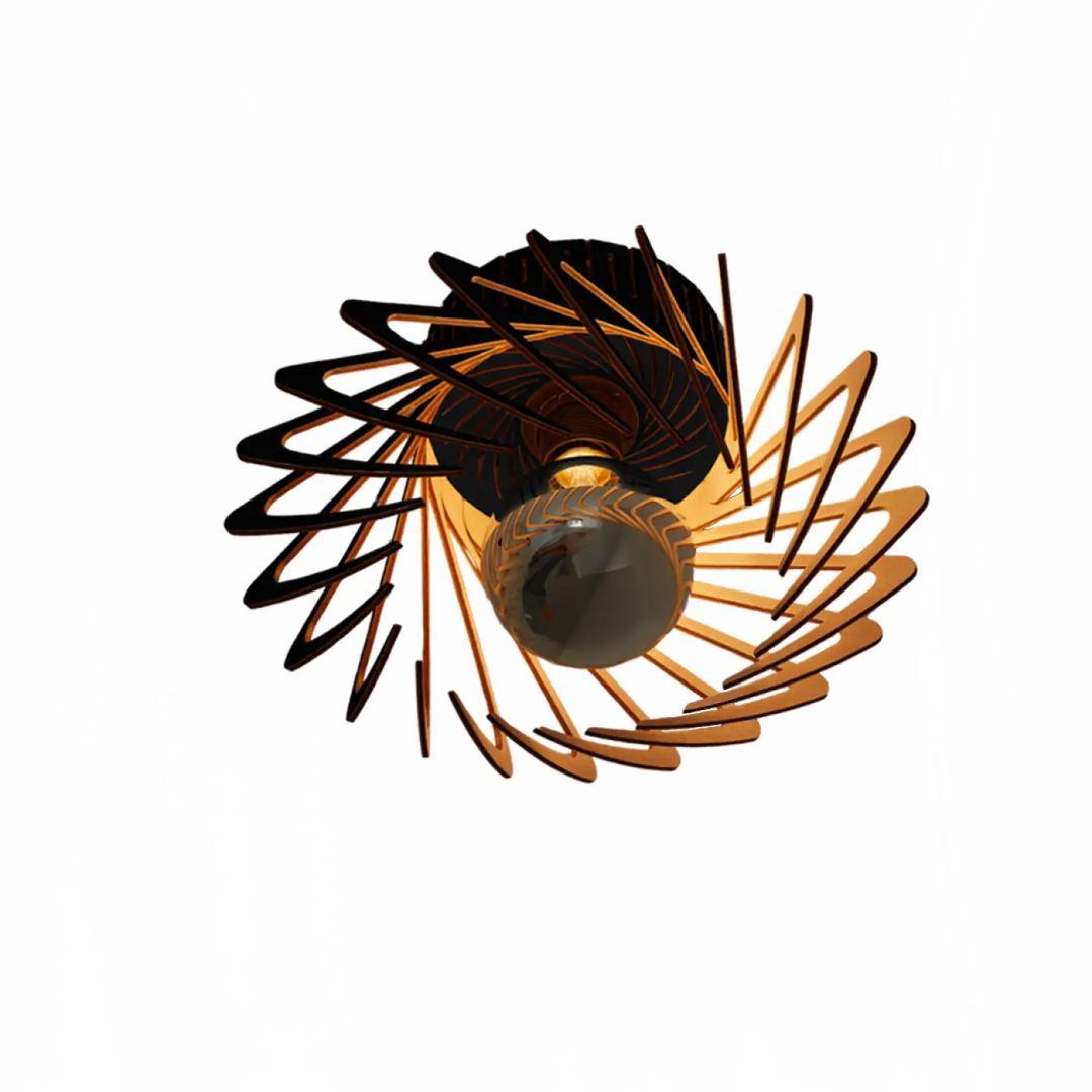 L’applique murale pianumayö avec ampoule en verre ambre centrale et lames spirales en métal doré et noir bois fsc