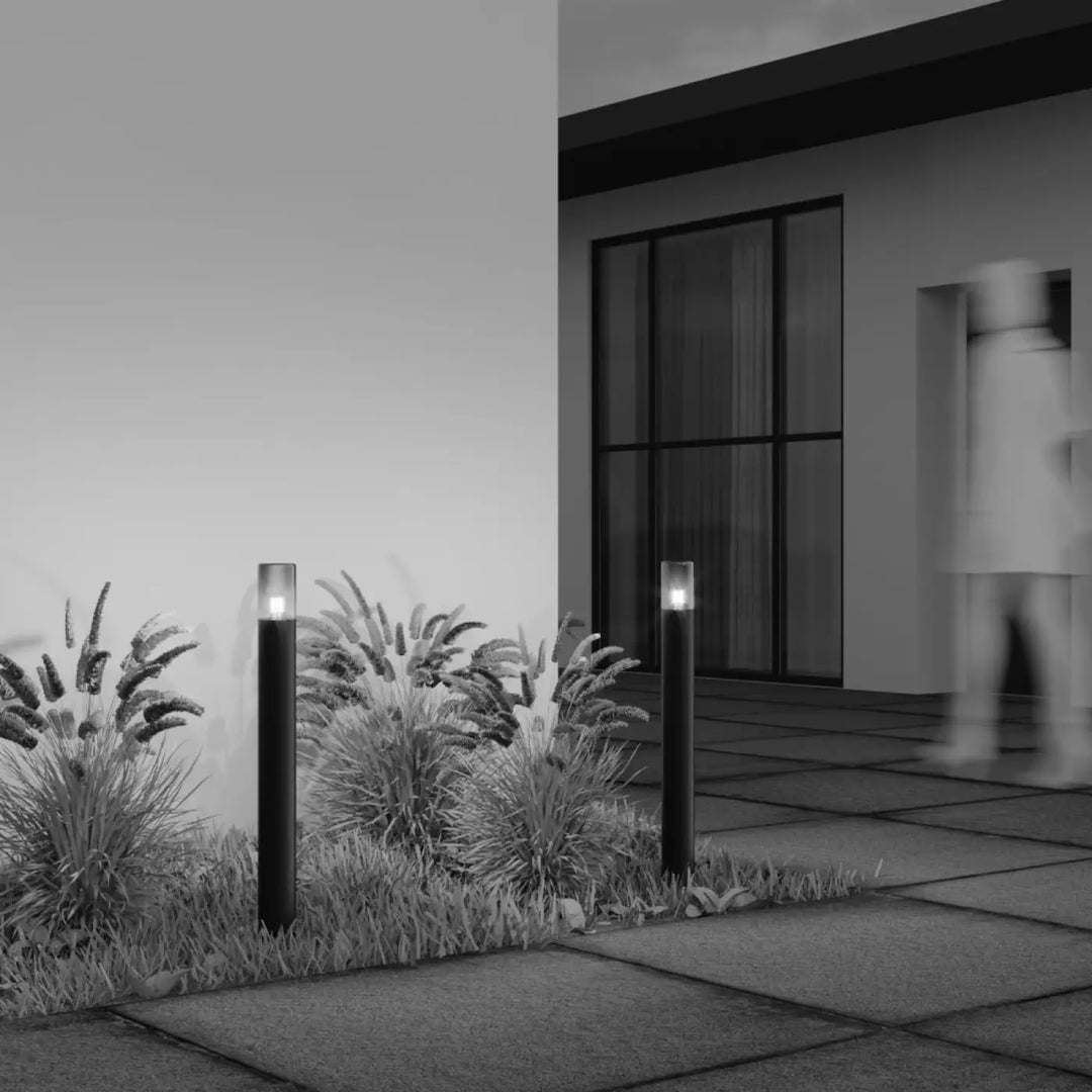 Borne extérieure amas en aluminium graphite avec verre teinté et borne lumineuse cylindrique noire à lumière diffuse