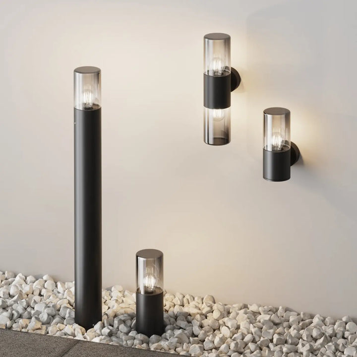 Borne extérieur amas en aluminium graphite avec verre teinté cylindrique noir pour éclairage extérieur moderne