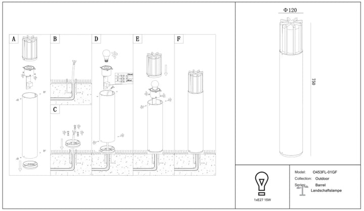 Borne extérieure barrel en métal graphite avec corps cylindrique et verre transparent modèle 0453fl-01gf