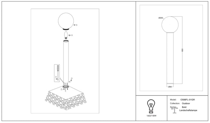 Borne extérieure bold globe opale avec lumière douce et tige cylindrique élégante en verre pour usage extérieur
