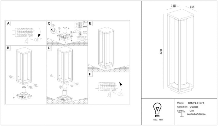 Borne extérieure cell modèle q452fl-01f/1 avec diffuseur transparent en aluminium graphite dimensions 145x500 cm