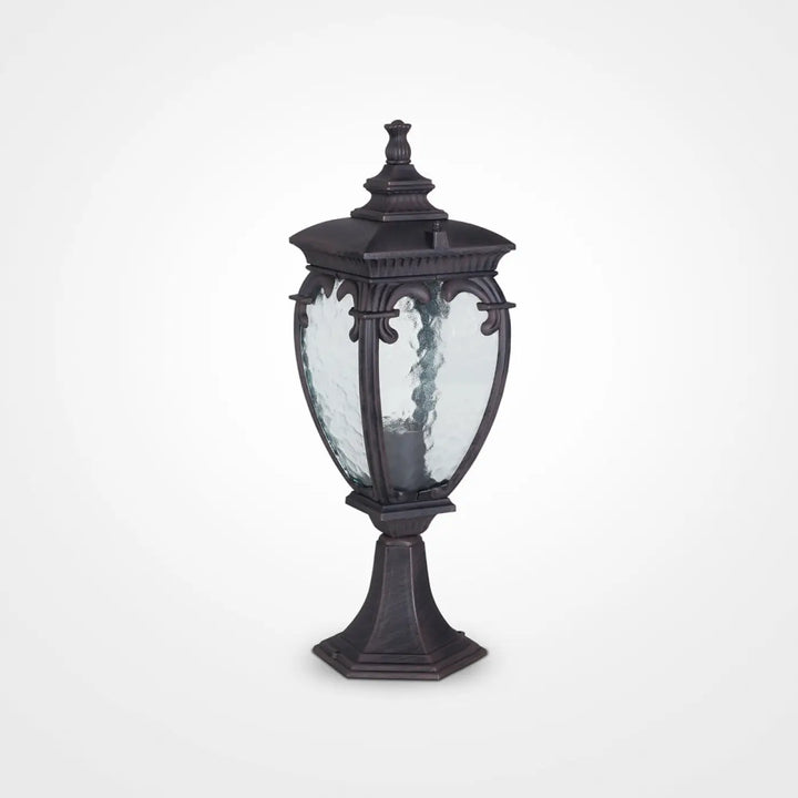Lanterne baroque en fer forgé noir avec panneaux de verre texturé et finial décoratif borne extérieure fleur
