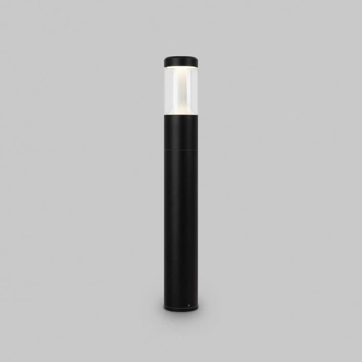 Borne extérieure cylindrique en acier noir avec lumière claire led sous verre transparent pour usage extérieur