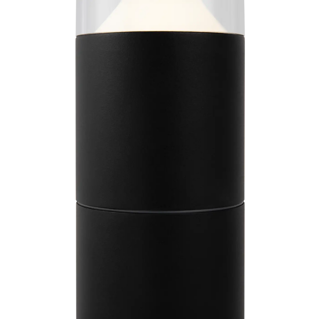 Borne extérieure koln cylindrique en acier noir avec lumière claire chaude et diffuse pour extérieur