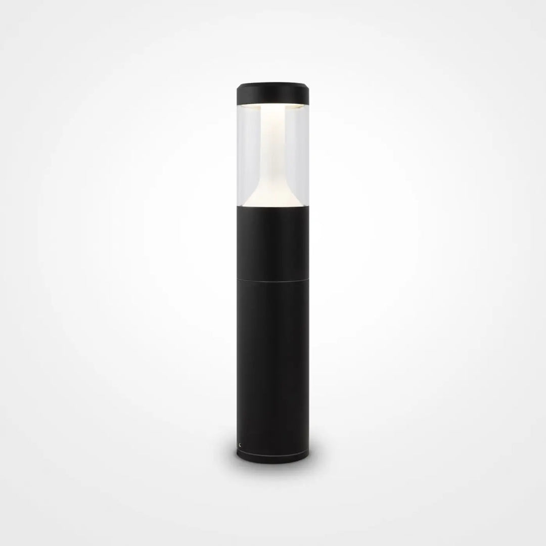 Borne extérieure koln cylindrique en acier noir avec lumière claire led dans un top en verre transparent
