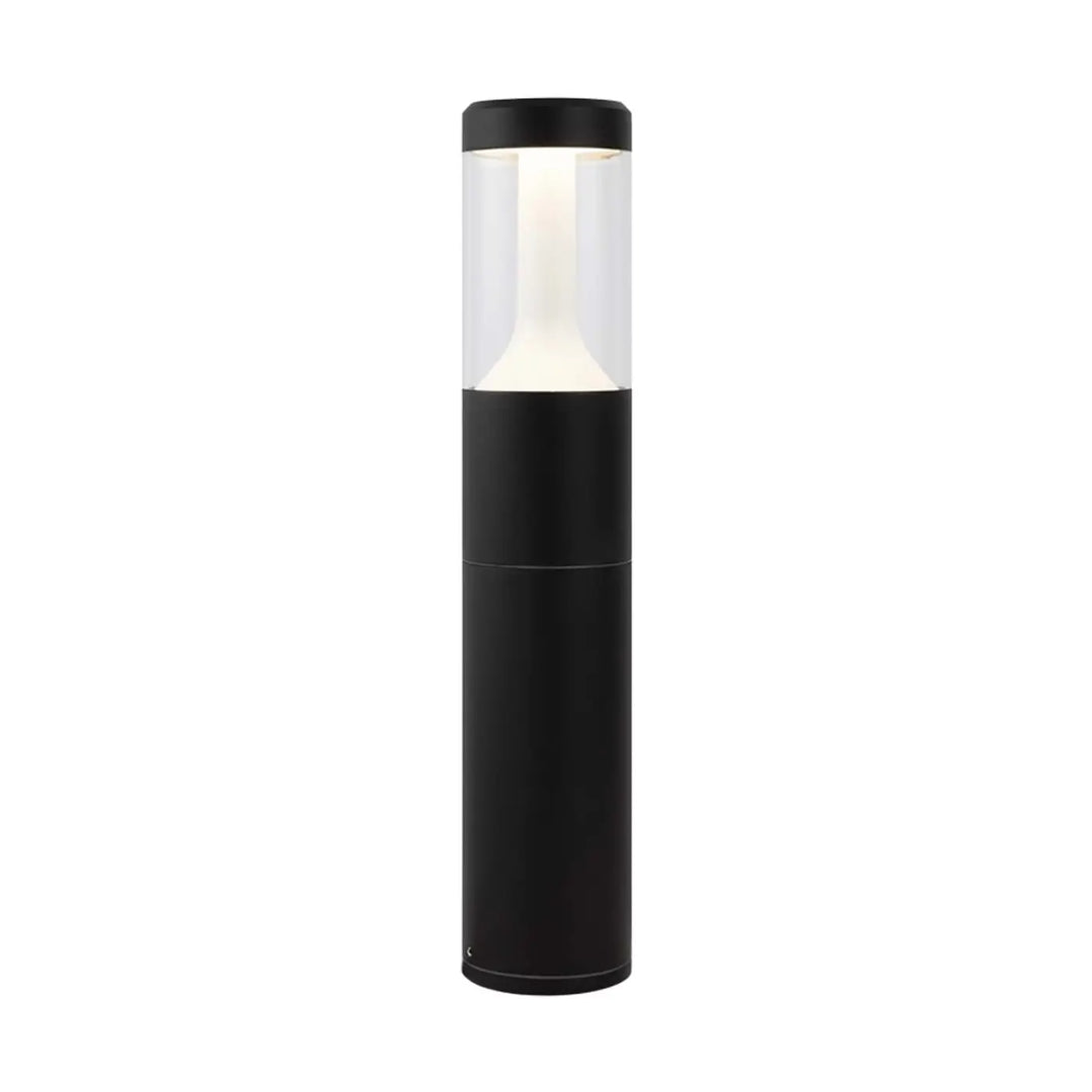 Borne extérieure koln cylindrique en acier noir avec lumière claire led sous verre transparent pour extérieur