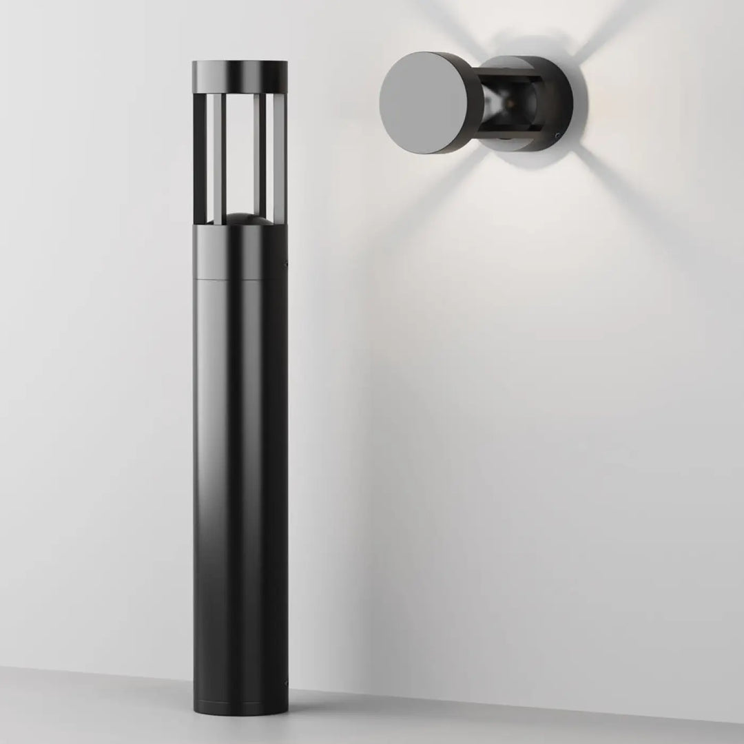Moderne borne extérieure led cylindre noire en métal avec indice ip65 et lumière douce design à lattes verticales
