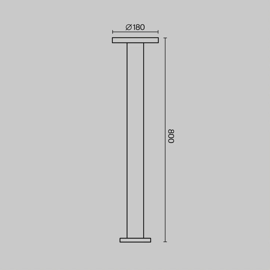 Dessin minimaliste en ligne noire dune borne extérieure led en acier gris anthracite avec indice ip65 et mesures précises
