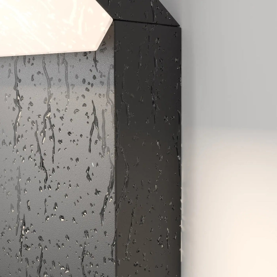Borne paso extérieur en acier noir avec cadre asymétrique et applique murale en verre dépoli avec gouttes deau