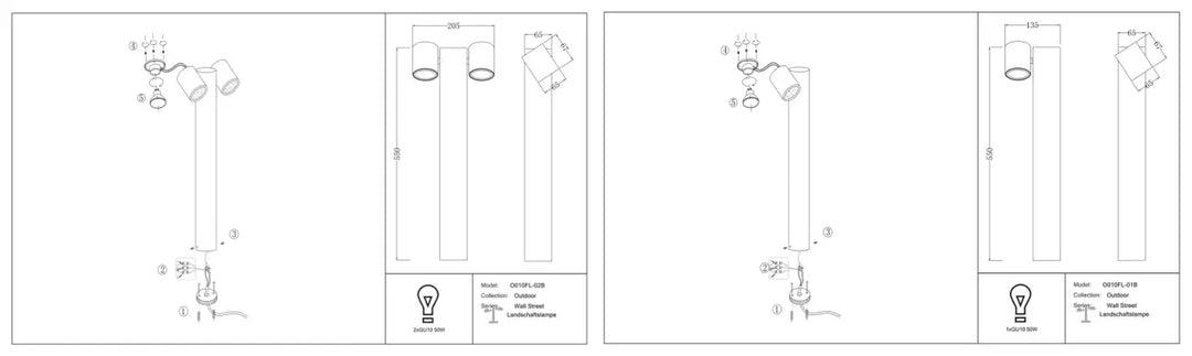 Technical drawings of a borne extérieure wall street led pole light with culot gu10 and indice ip54 protection