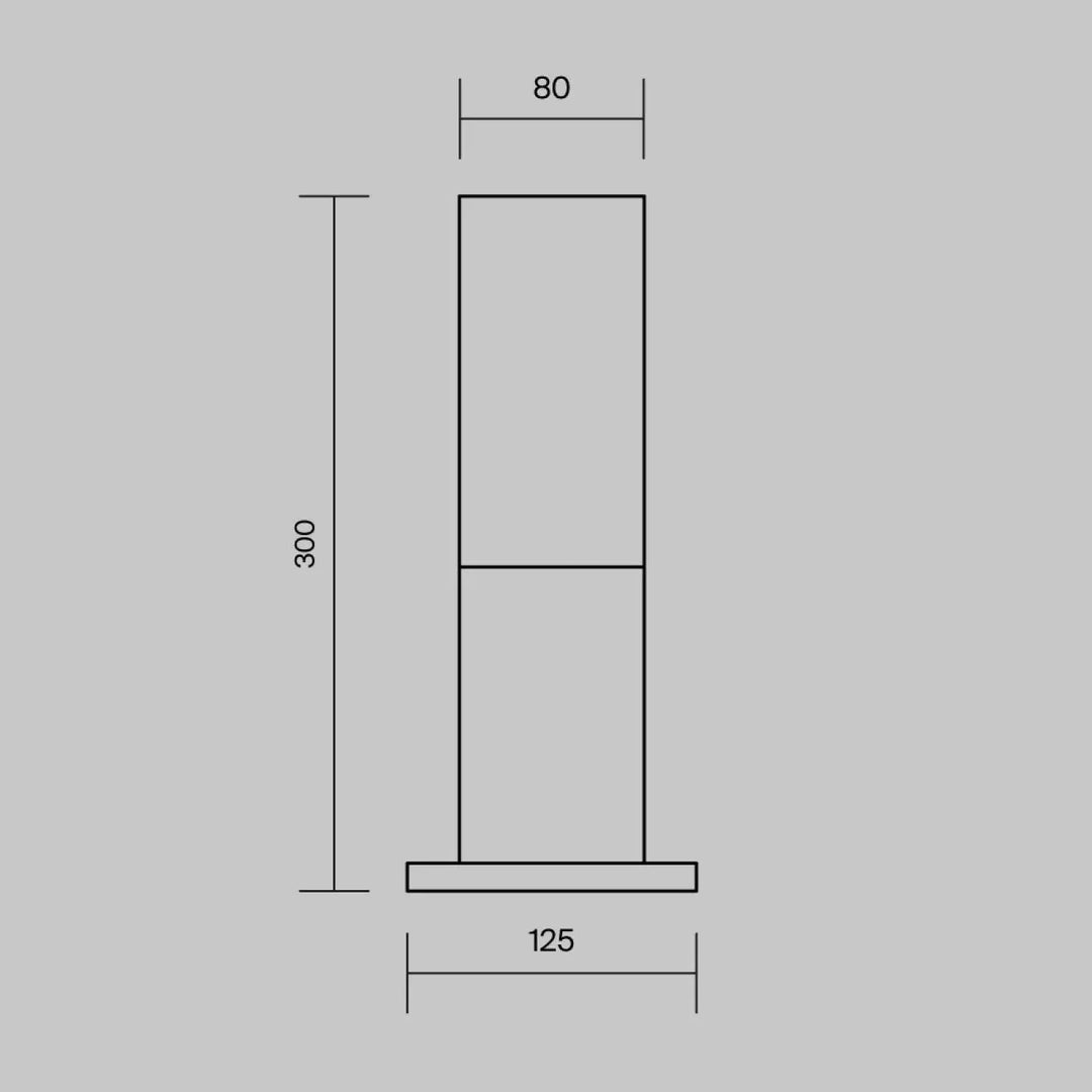 Dessin au trait minimaliste d’une borne extérieure willis noire colonne fine rectangulaire de 300mm de hauteur et 125mm de base