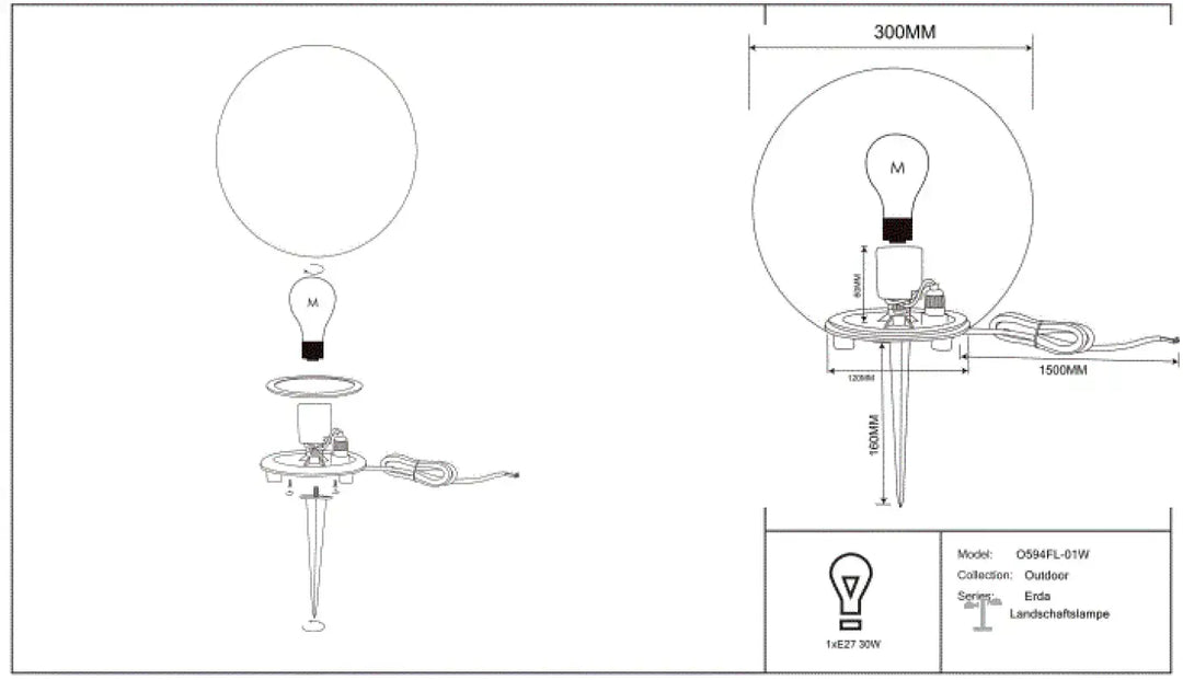 Luminaire extérieur erda avec boule lumineuse sphère opaline et base noire pour une lumière douce en jardin