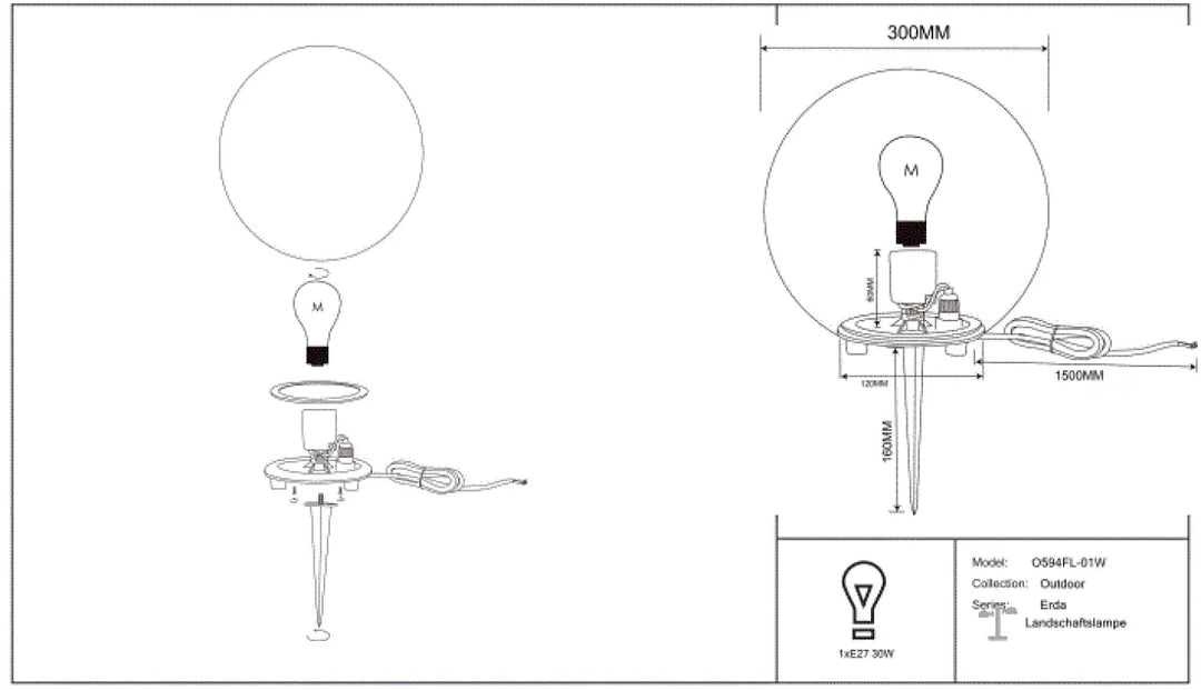 Luminaire extérieur erda avec boule lumineuse sphère opaline et base noire pour une lumière douce en jardin