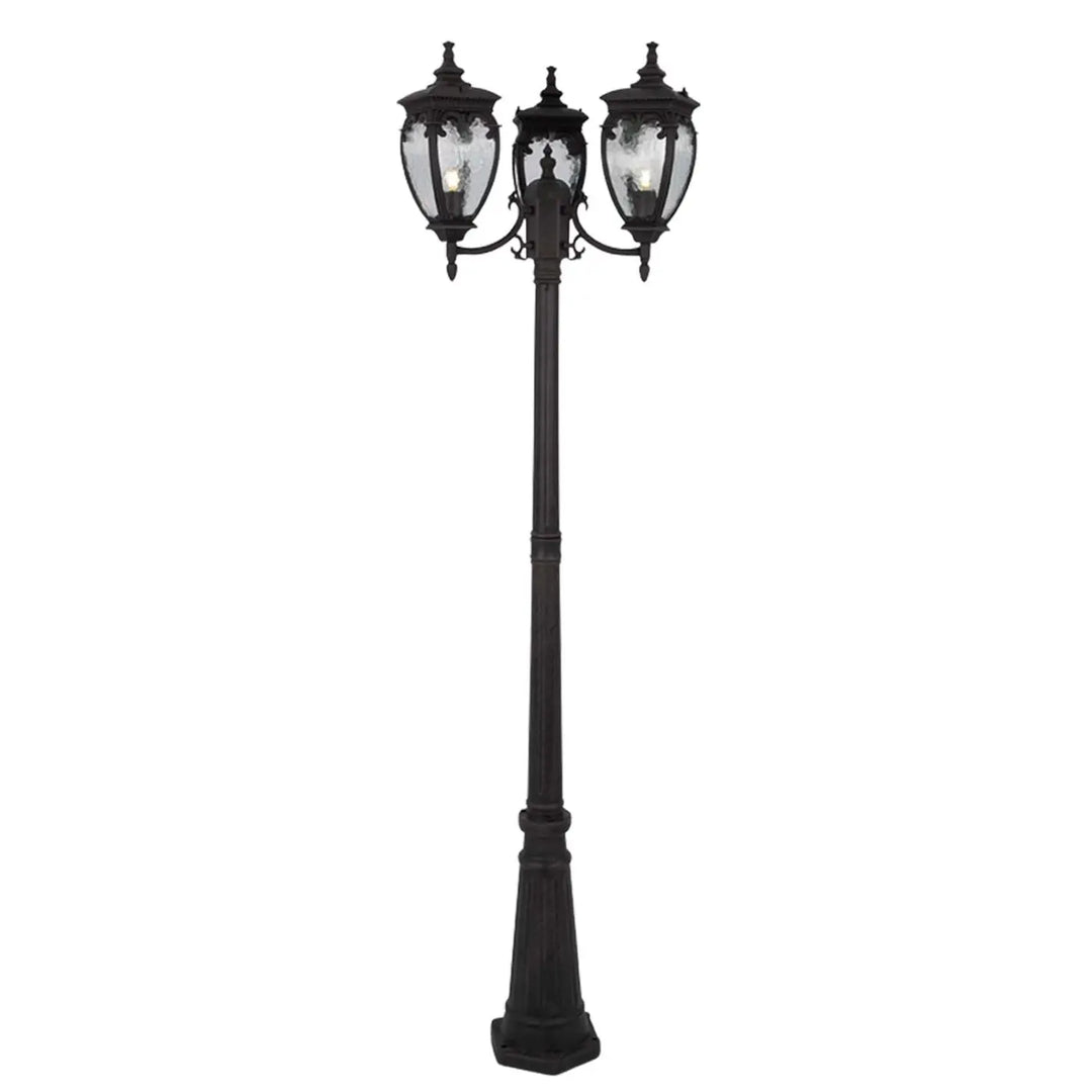 Lampadaire extérieur en acier noir avec lanterne baroque à trois ampoules e27 et globes en verre clair