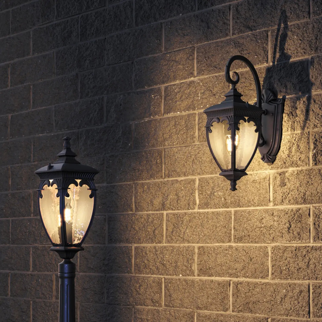 Lampadaire extérieur fleur en acier noir avec lanterne baroque et ampoule e27 à panneaux de verre dépolis