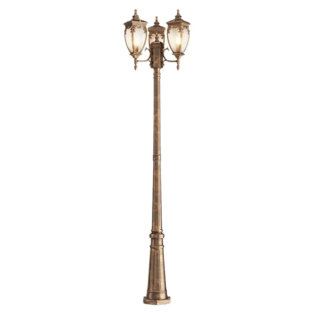 Lampadaire extérieur bronze antique avec trois lanternes baroques en verre pour ampoule e27 jardin fleur