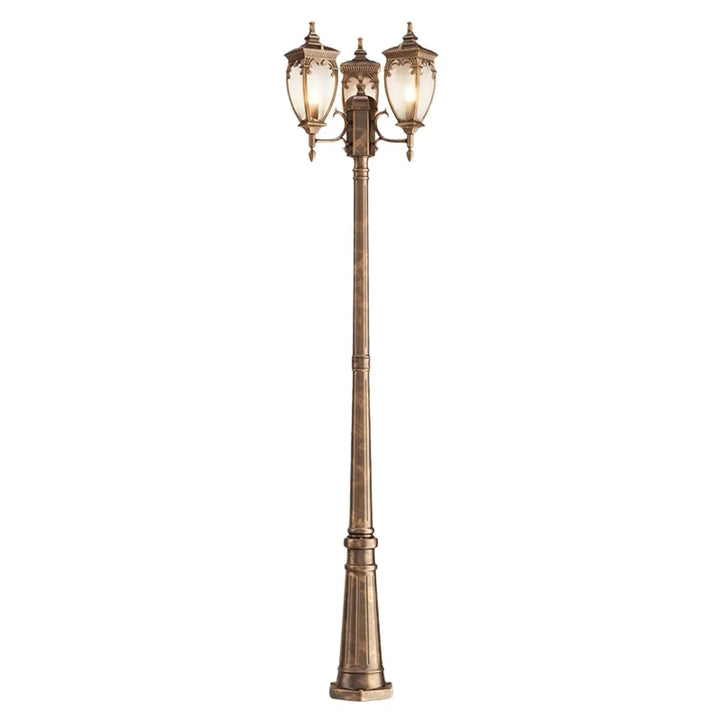 Lampadaire extérieur bronze antique avec trois lanternes baroques en verre pour ampoule e27 jardin fleur