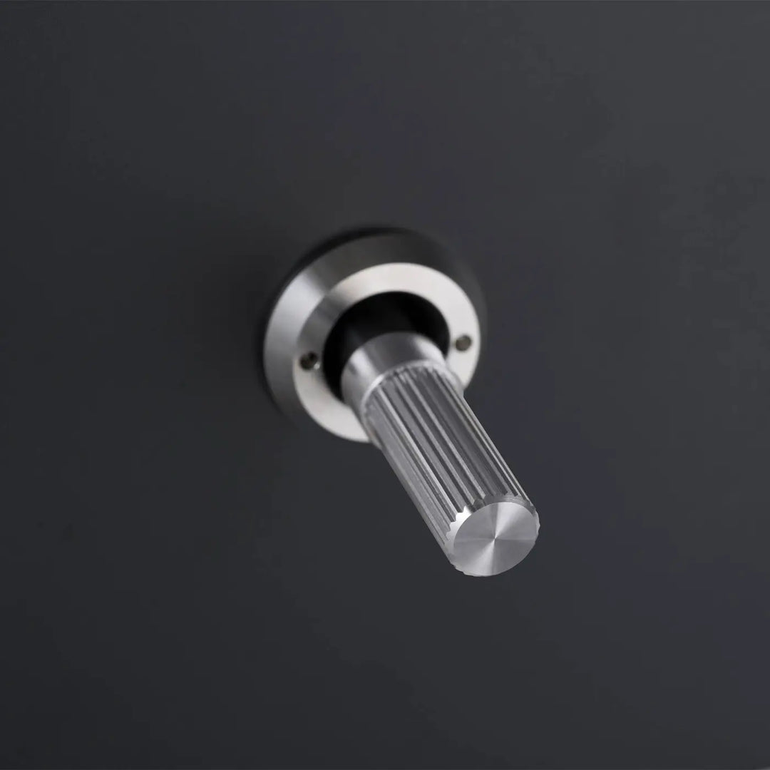 Détail d'un interrupteur à levier à gravure alignée, finitions noir et acier #couleur_argent