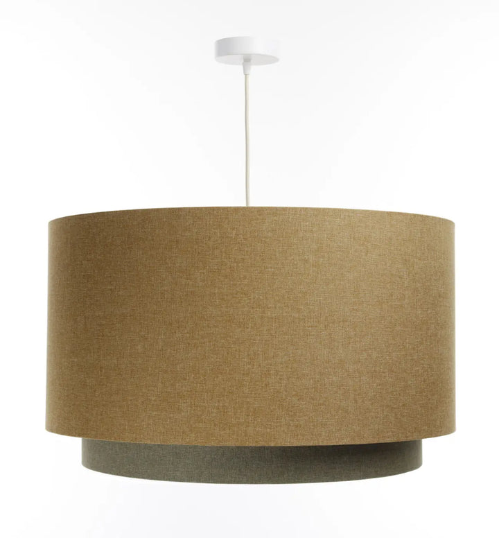Suspension luminaire duo boho élégant avec abat-jour tissu texturé tan et étage inférieur gris foncé contrastant