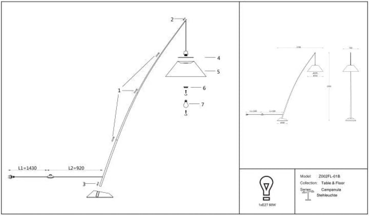 Lampadaire arc campanula avec tige télescopique élégant finition métallique et abat-jour conique tissu noir
