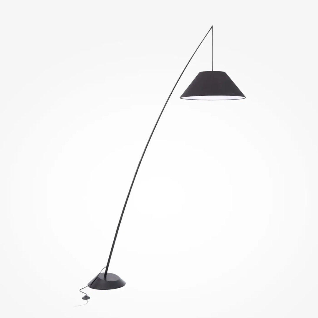 Lampadaire arc campanula noir avec tissu noir et tige télescopique design courbé minimaliste conique