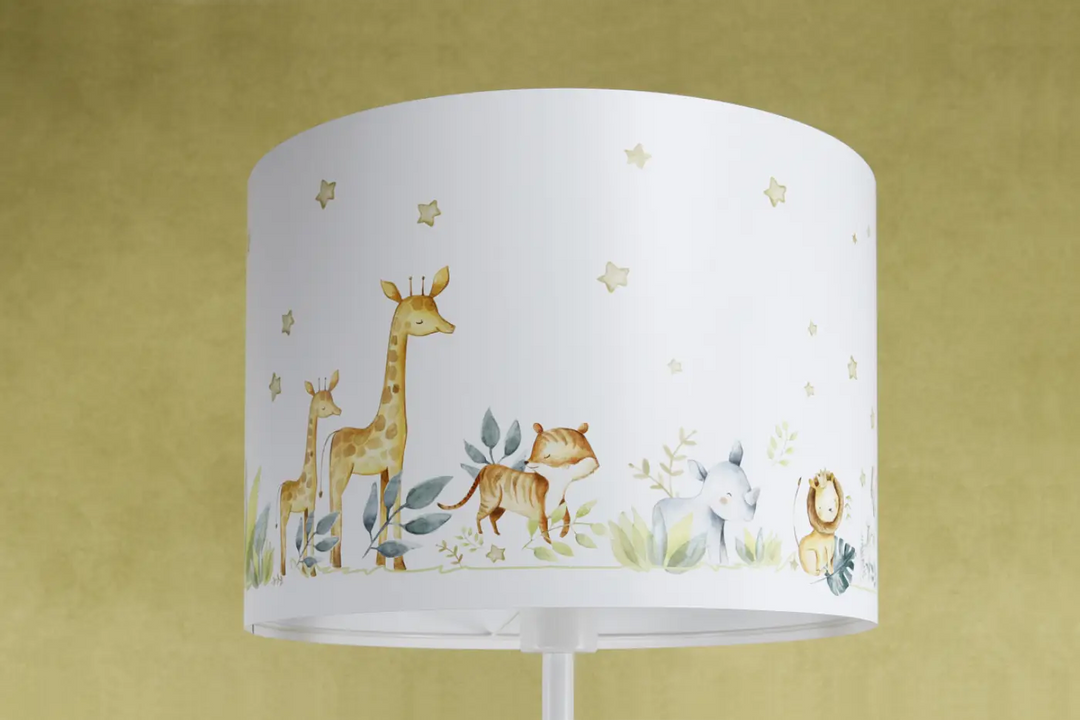 Lampadaire blanc enfant avec abat-jour cylindrique illustré safari animaux pour chambre blanc enfant