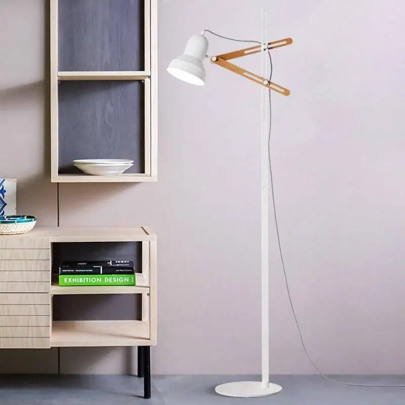Lampadaire Blanc Et Bois À Abat-Jour Conique Noir Et Rose