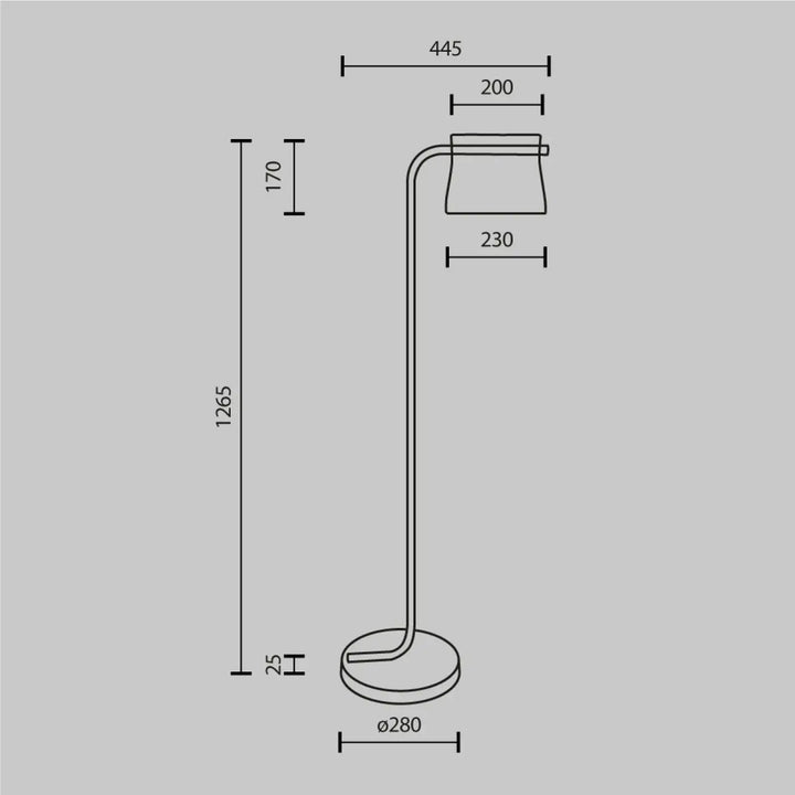 Lampadaire cabaret art déco avec tige métallique fine et base circulaire en verre transparent élégant et minimaliste