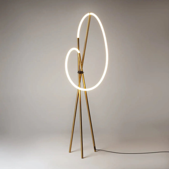 Lampadaire crochet trépied en métal doré avec deux anneaux led dimmables silicone blanc lumineux