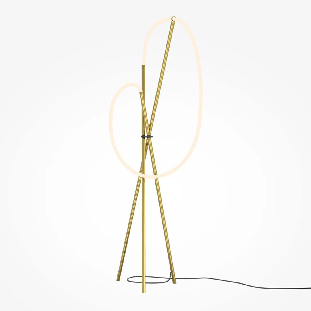 Lampadaire crochet trépied finition or avec deux anneaux led dimmables circulaires lumineux et silicone blanc