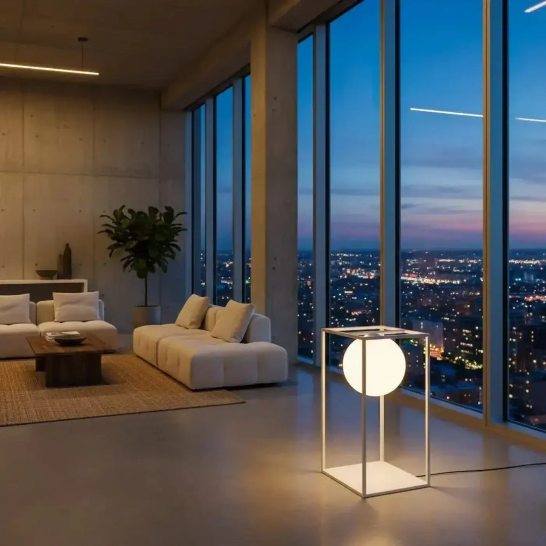 Lampadaire daisy moderne avec verre opaque blanc sphérique et cadre métallique élégant s’intègre facilement dans tout intérieur