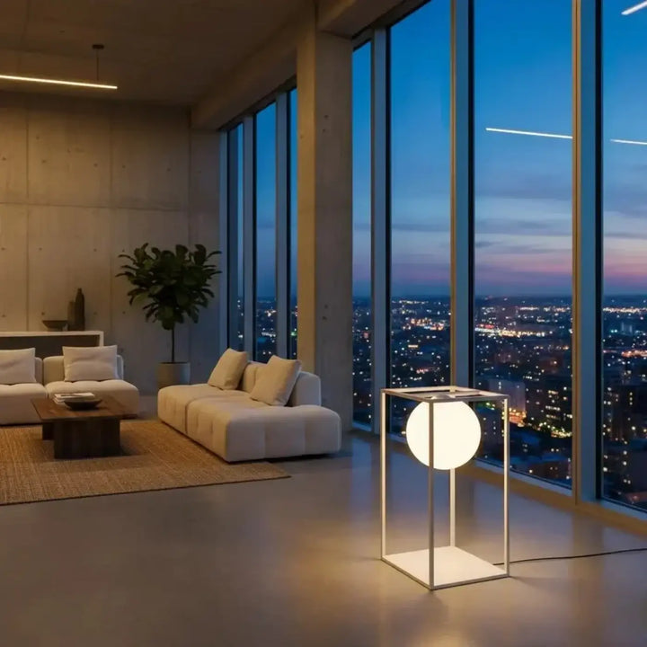 Lampadaire daisy moderne avec verre opaque blanc sphérique et cadre métallique élégant s’intègre facilement dans tout intérieur