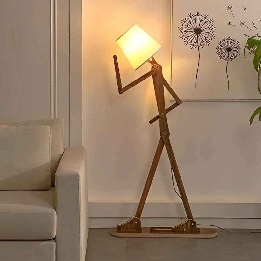 Lampadaire en bois articulé avec abat-jour carré beige et structure en fer type diaphane