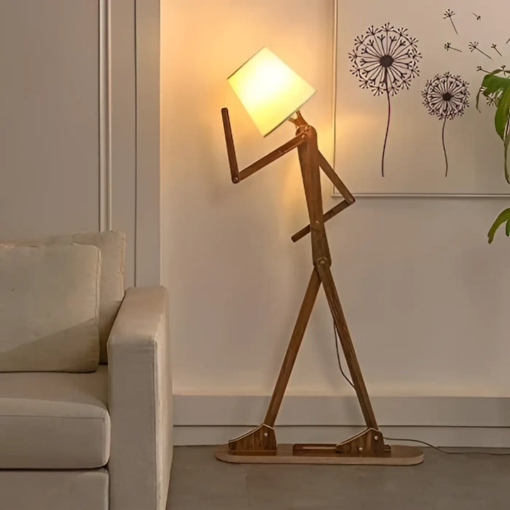 Lampadaire en bois articulé avec abat-jour carré beige et structure en fer type diaphane