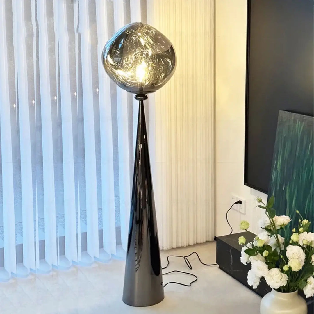 Lampadaire design en verre fumé ambré et chrome moderne