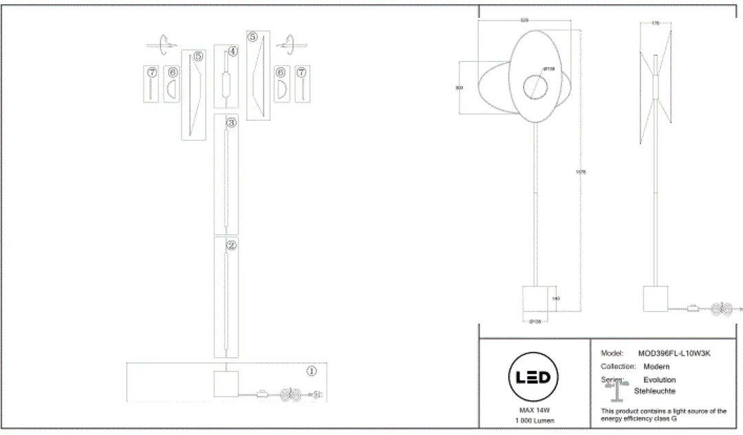 Lampadaire evolution mod3rpl-l10wk blanc avec double abat-jour aluminium noir et lumière douce led éclairage classe a