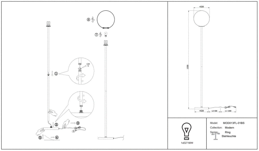 Lampadaire ring led moderne avec ligne décentrée, design minimaliste, tige élancée et abat-jour blanc opaque rond