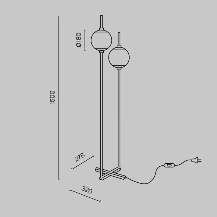 Lampadaire sixth sense avec deux globes en verre sphériques sur pieds métalliques fins et base croisée moderne