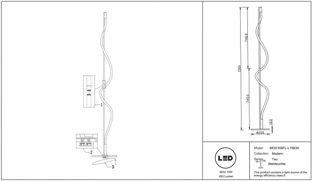 Lampadaire tau led moderne avec design torsadé et base minimaliste intégrant un ruban lumineux souple