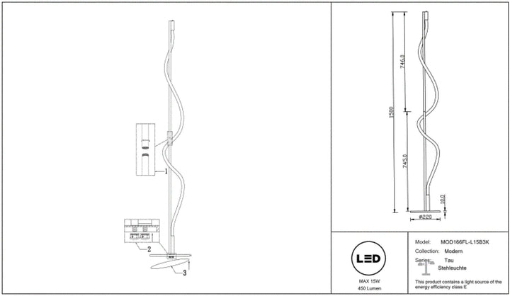 Lampadaire tau led moderne avec design torsadé et base minimaliste intégrant un ruban lumineux souple
