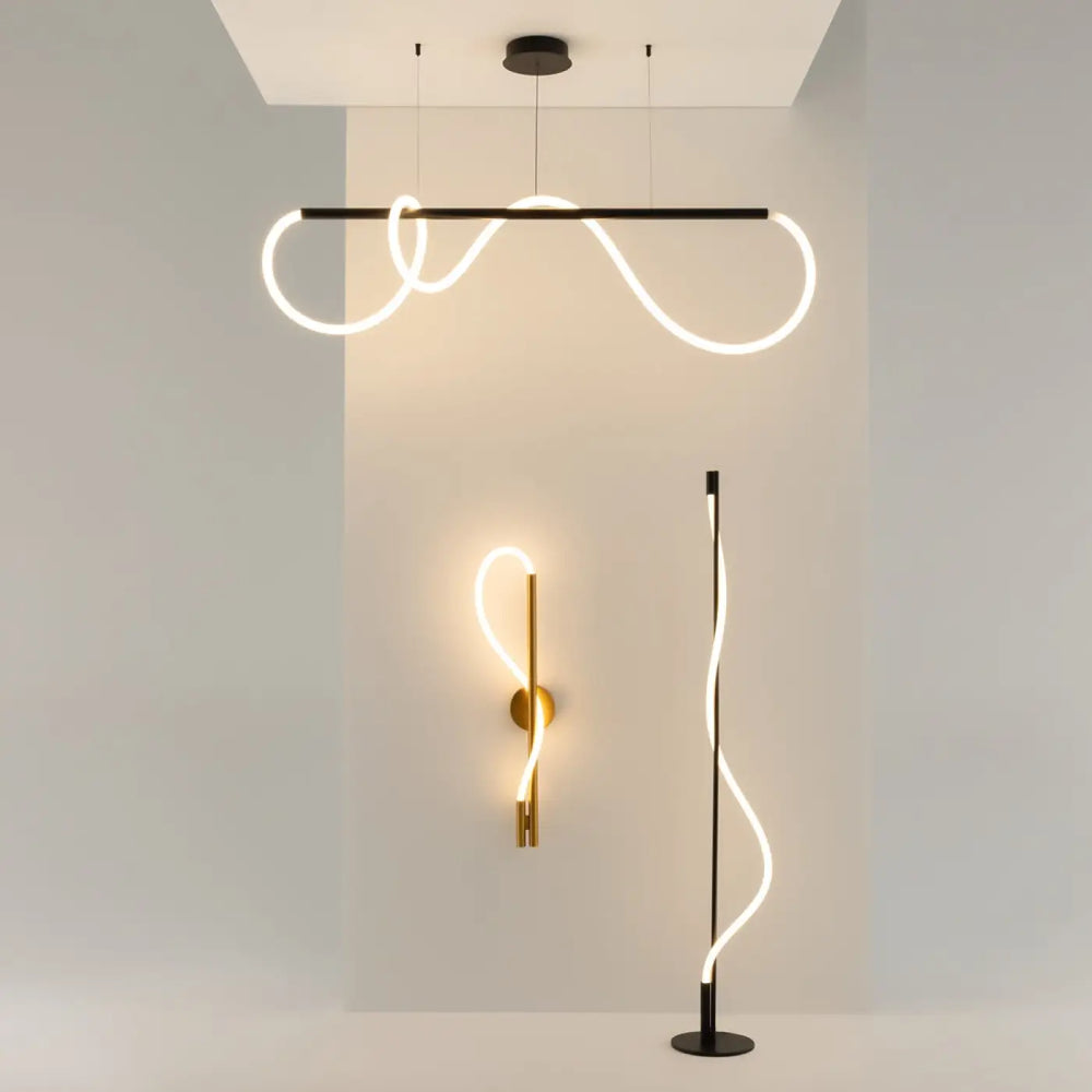 Lampadaire tau led avec ruban lumineux blanc fluide et structure metal noir moderne minimaliste